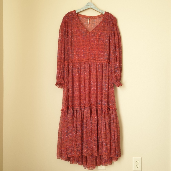 Free People Dresses & Skirts - Free People S Red Smocked Long Sleeve Tiered Dress